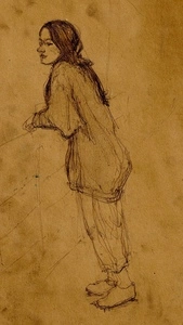 Artwork titled: 'girl leaning on railing'