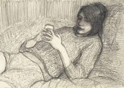 Artwork titled: 'in bed on phone'